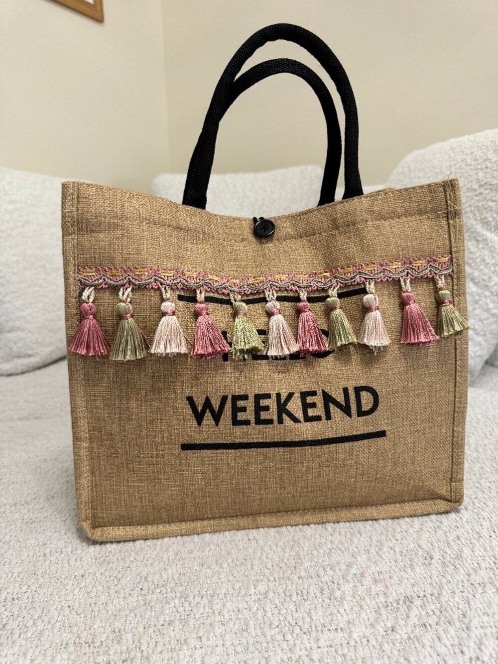 Hello Weekend Tote Bag Jute Like Exterior Multicolor Tassels